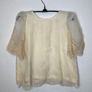 Vintage Ivory Women’s Sheer Blouse Lined Lace Sleeve & Hem Detail EUC Sz Lg